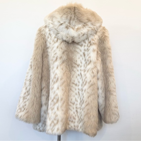 Vintage Snow Leopard Arctic Lynx Faux Fur Winter White Cream Hood Teddy Coat XL - Picture 6 of 11
